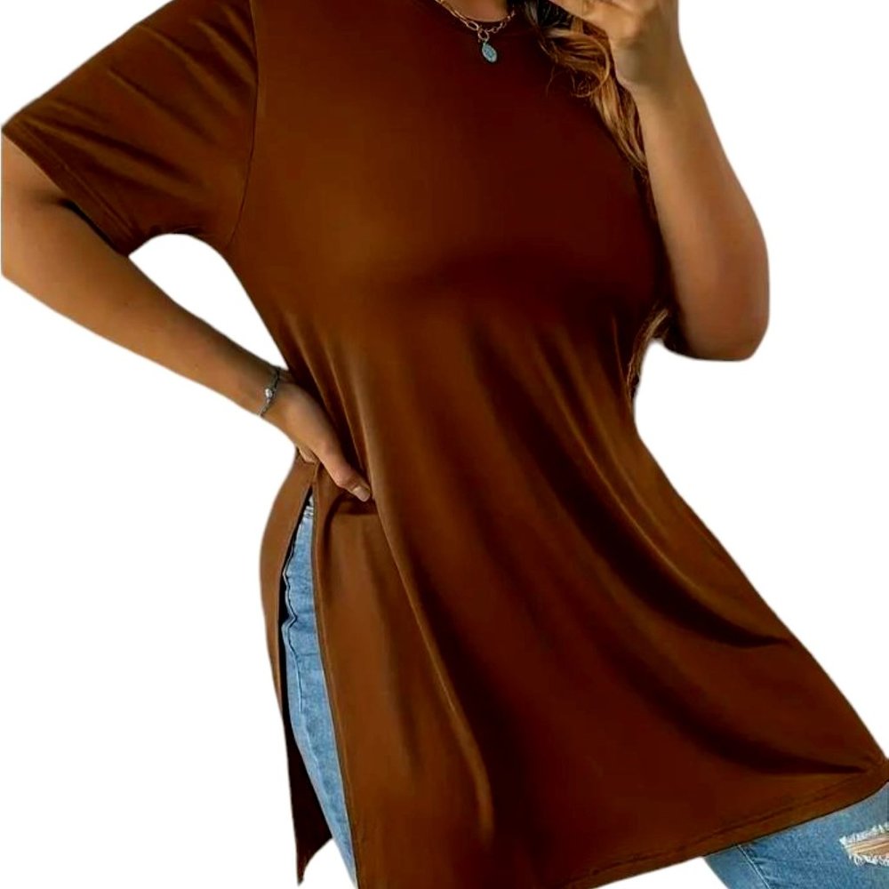 A&B Adult Women Unisex Plus Size Casual T-shirt Solid Short Sleeve Round Neck